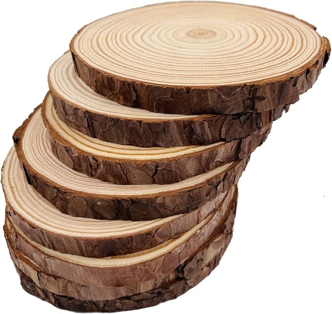 Unfinished Natural with Tree Bark Wood Slices 9 Pcs 5.1-5.5inch Disc Coasters
