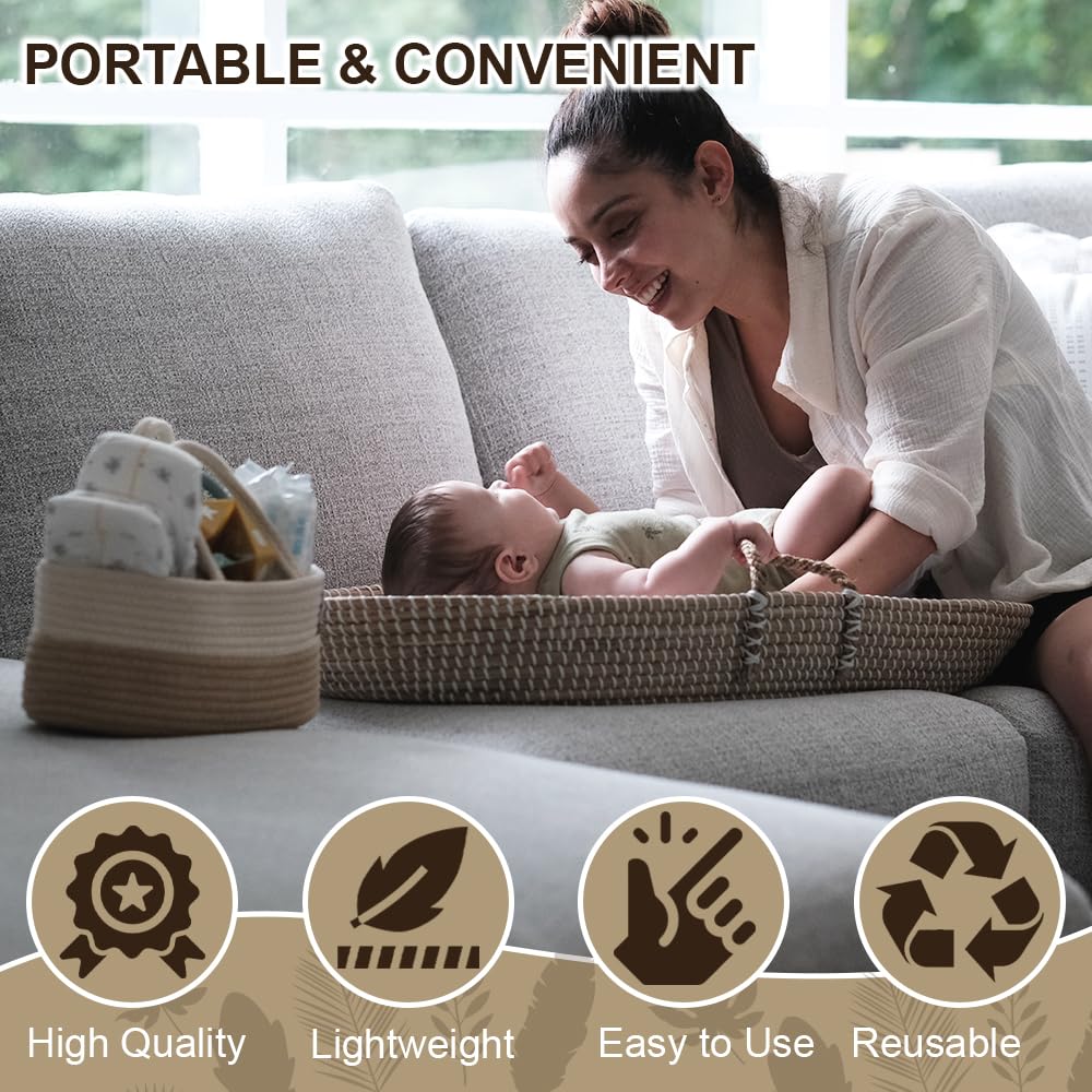 ZEAL'N LIFE Seagrass Baby Changing Basket Set – Portable Diaper Changing Station for Dresser & Table | Waterproof Changing Pad, Baby Towel & Diaper Caddy | Nursery Changing Table & Baby Gift Idea