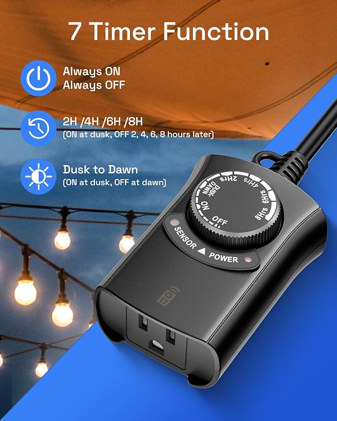 HBN Outdoor Light Timer with Remote Control, Waterproof Light Sensor Timer, 100 ft Wireless Range, 1 Grounded Outlet for Christmas Lights, 15A 1/2HP Heavy Duty