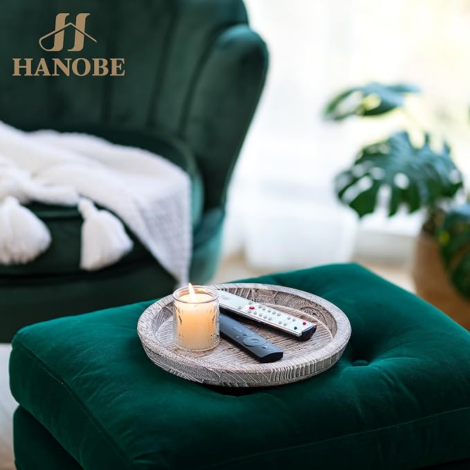 Hanobe Decorative Coffee Table Tray, Round Wood Candle Holder Plate | Wooden