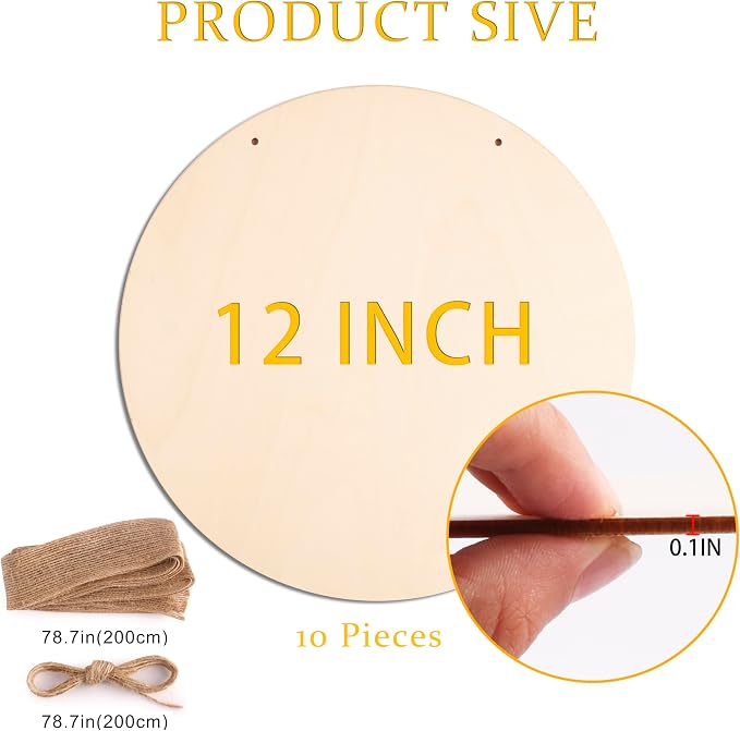 10Pcs 12 Inch Wood Circles for Crafts, Unfinished Wood Blank Wooden Door Hanger