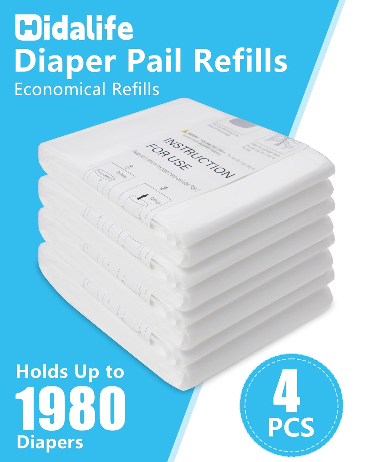 HIDALIFE Refills Compatible with Dekor Classic Diaper Pails, Disposable Diaper Trash Bags, Extra Thick Diaper Pail Refill Liners, Hold Up to 1980 Diapers (4 Pack)