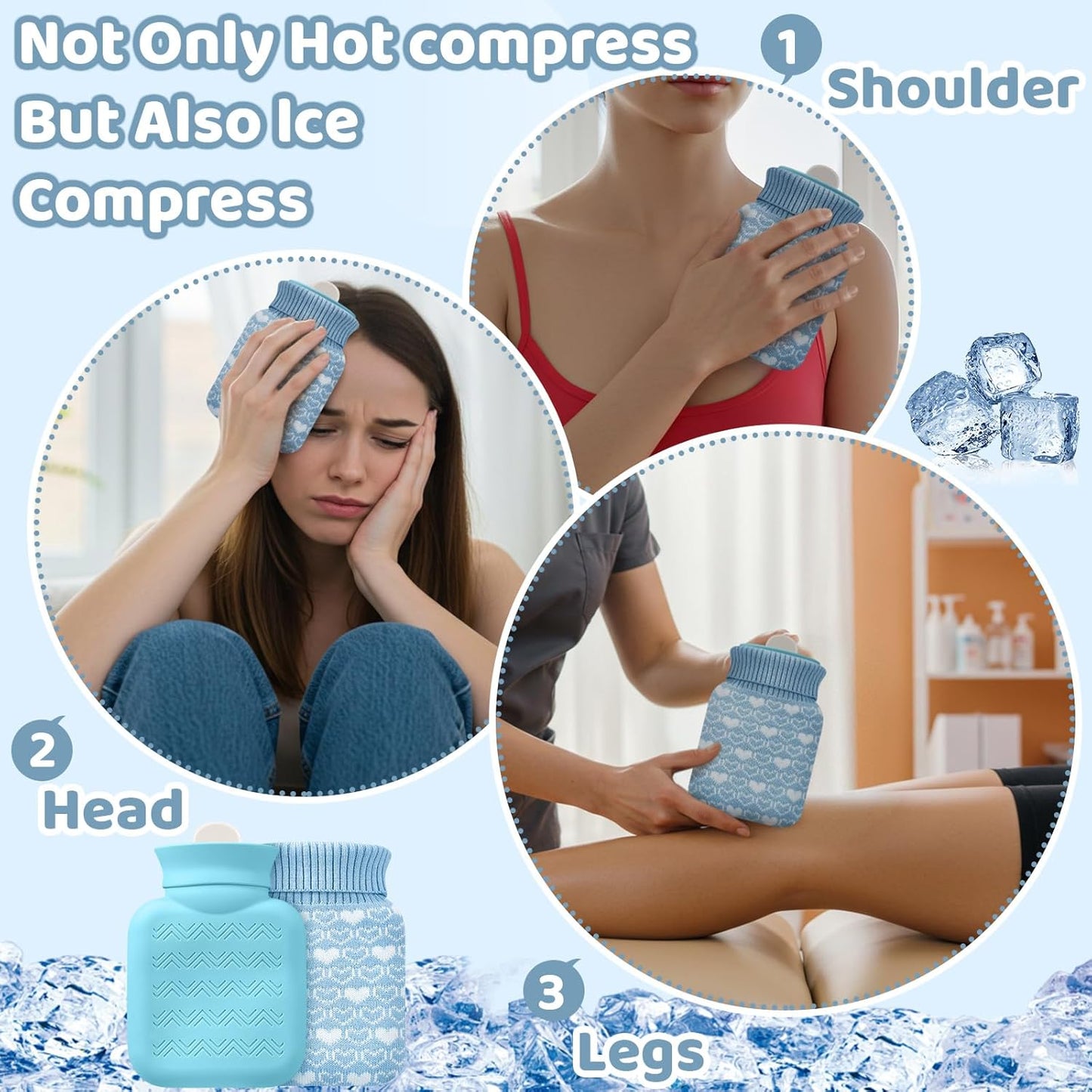 Amylove Mini Hot Water Bottle 320ml for Hot & Cold Compress with Cover Silicone Microwave Heating Small Water Bag for Travel Pain Relief Holiday Gifts(Blue)