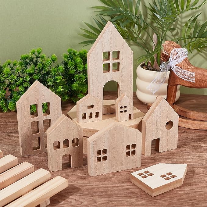 OLYCRAFT 8 Piece Wooden House Blocks Blank Unfinished House Block MDF Craft