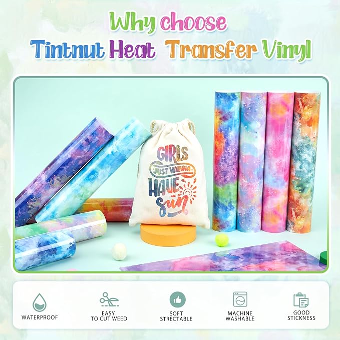 Tintnut Spring Tie Dye Heat Transfer Vinyl, PU HTV sheets, easy cut & weed