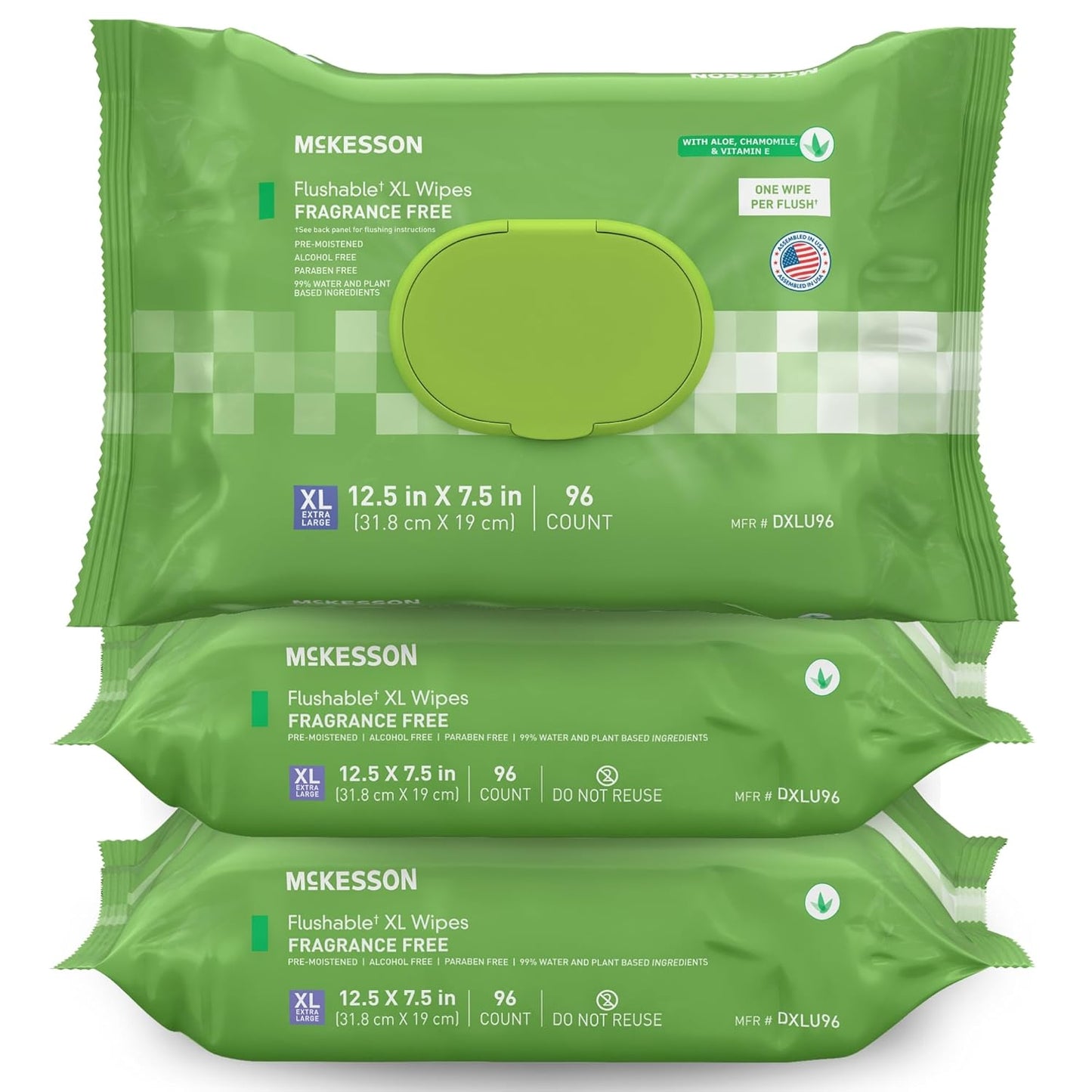 McKesson Flushable* Adult Wet Wipes XL – 288 Wipes (3 Pack of 96) – Aloe & Vitamin E, Plant-Based Cleansing Wipes, Unscented, Extra Large