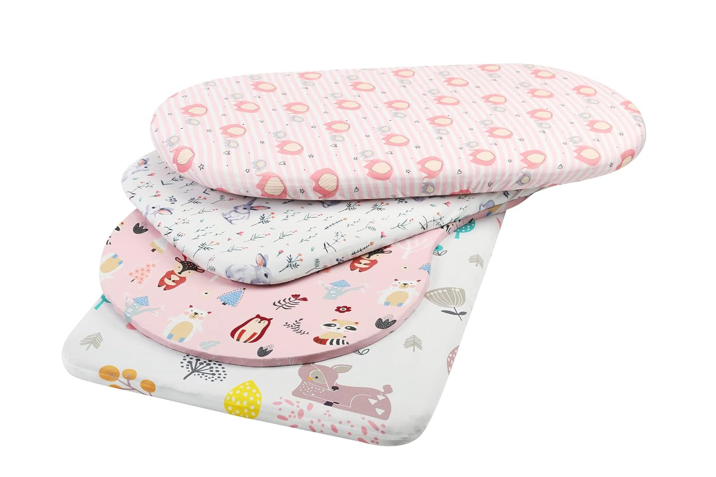 Onacosht Bassinet Sheets for Baby Boy and Girl, Stretchy Fitted Sheet Universal for Bassinet Cradle Hourglass Oval Rectangle Pad/Mattress, 4 Pack Deer, Elephant, Rabbit and Squirrel Printing