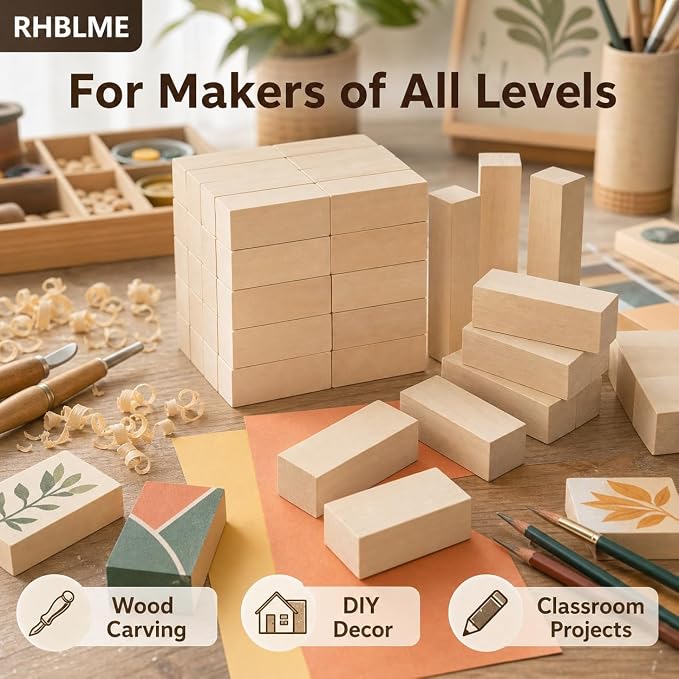 RHBLME 40 PCS Basswood Carving Blocks, Wooden Cubes Soft Solid Wooden Basswood