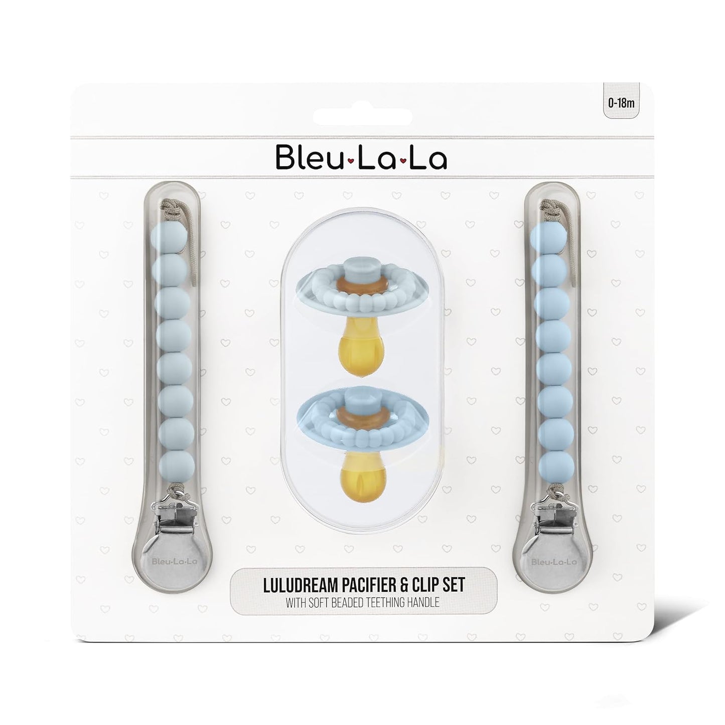 Luladream Pacifier and Clip Set - Natural Rubber Nipple - Soft Teething Handle - for Infants Baby's and Toddlers, 0-18 Months (Sky Blue + Ash Blue + Clips)