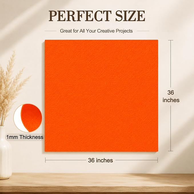 Orange Large Felt Fabric 36" x 36", 1mm Stiff Felt Sheet, Nonwoven Fabric