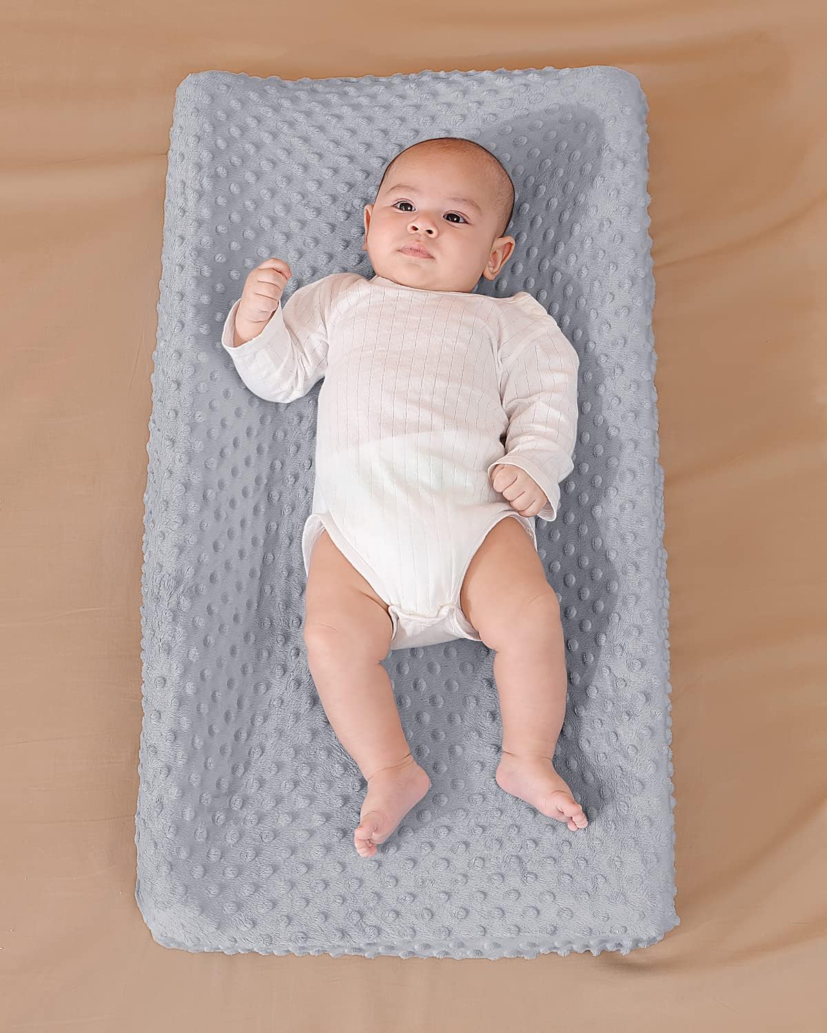 2 Pack Solid Changing Table Pad Cover Cradle Sheet, Fits 32"/34''x16 Contoured Diaper Changing Pad, Dots Plush Changing Table Covers(Beige + Grey)