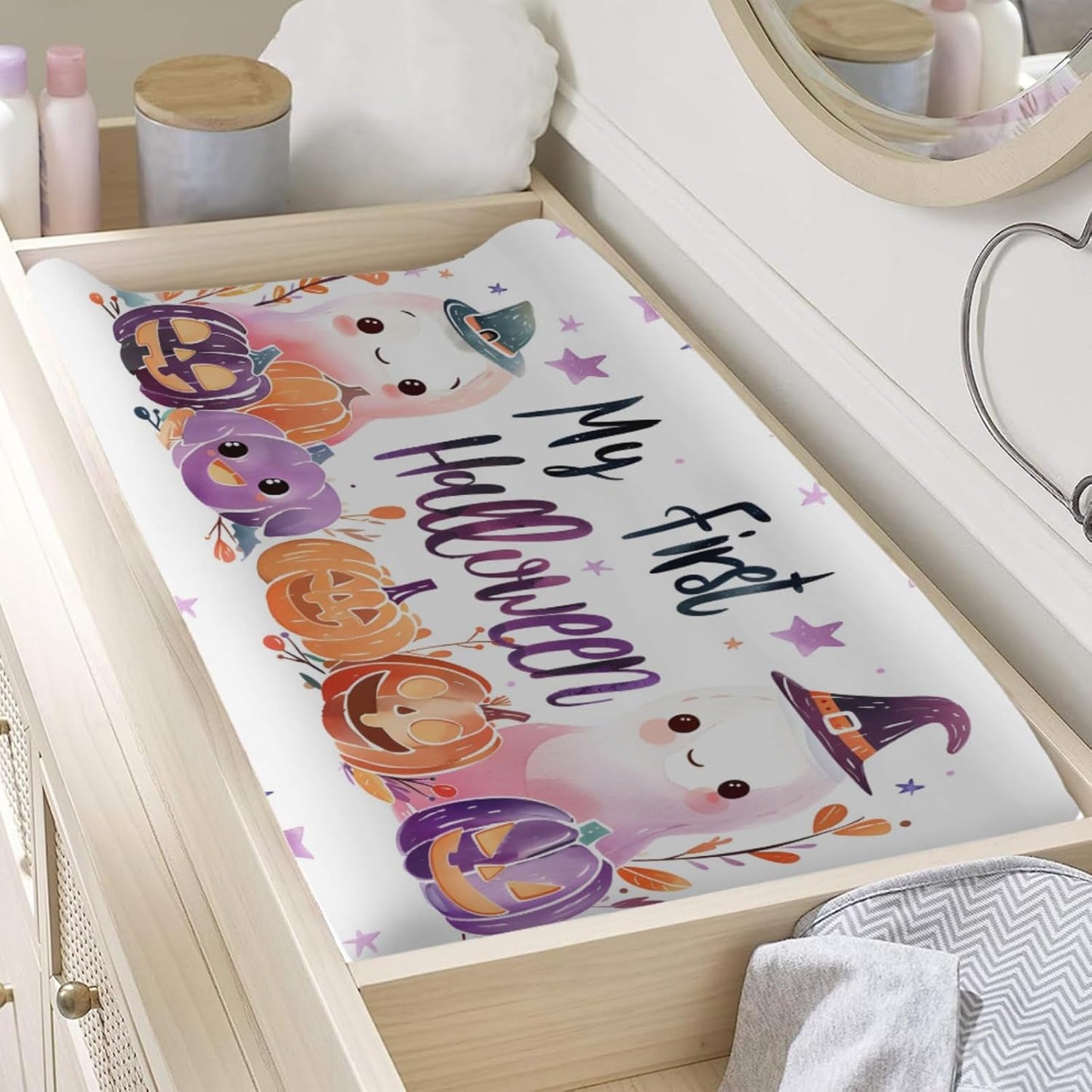 Cartoon Halloween Pumpkin Witch Hats Baby Changing Pad Cover, Unisex Fall Winter Holiday Nursery Diaper Changing Table Pad Mat Sheet for Boys Girls-16x32