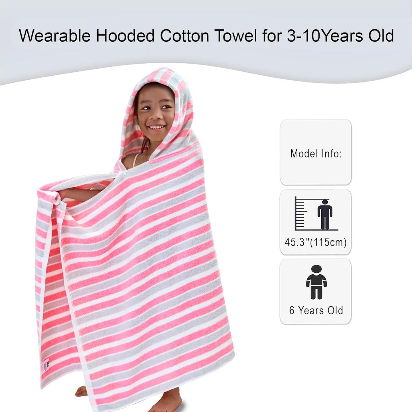 VOOVA & MOVAS Hooded Towels for Kids - 100% Cotton (3-10Years) - Quick Dry Absorbent Lightweight Wrap Towel for Pool | Swim | Beach | Bath, Girls, Pink Gray Stripe