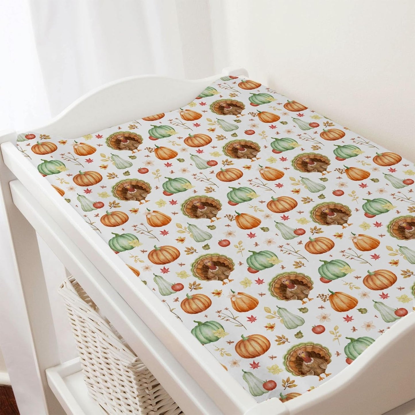 Thanksgiving Turkey Pumpkins Baby Changing Pad Covers for Boy Girl 32''x16'' Fall Turkey Maple Leaves Autumn Floral Fitted Change Table Mats Soft Breathable Nursery Diaper Changing Table Sheets