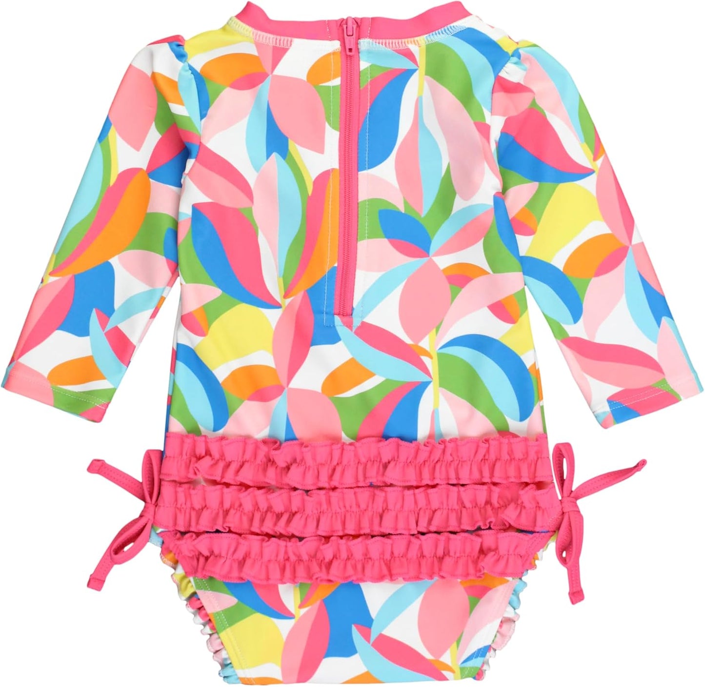 RuffleButts Baby Girls UPF 50+ Sun Protection Novelty Print Long Sleeve One Piece Rash Guard Swimsuit with Zipper