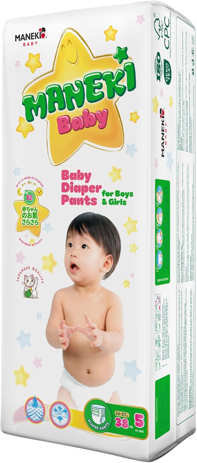 MANEKI Size 5 Diaper Pants, Disposable Baby Diapers Size 5 (26-37 lbs), 38 Count, Pull-Ups Style, Hypoallergenic