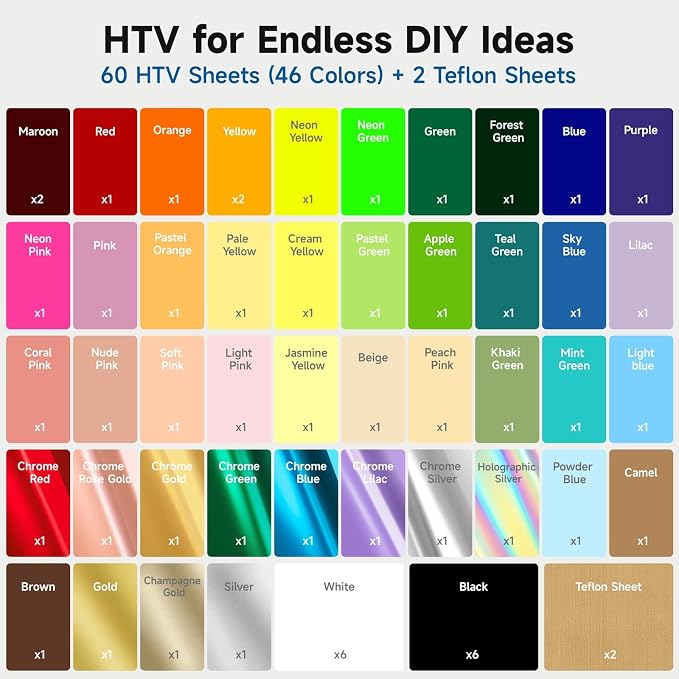 TECKWRAP Heat Transfer Vinyl for T-Shirts 60 Sheets 10"x12" Easy Cut & Weed |
