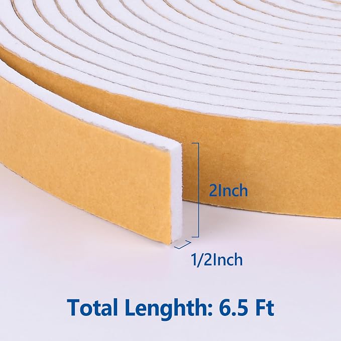 Kikerike Self Adhesive Foam Tape Weatherstrip 2in x 1/2in x 6.5Ft High Density