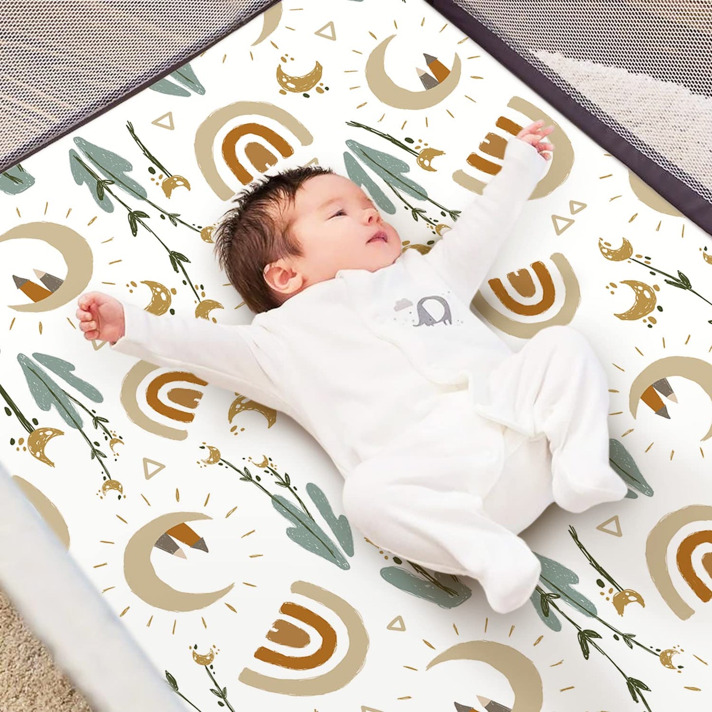 GRSSDER Stretchy Pack and Play Sheets, Ultra Soft Jersey Knit Fitted Pack n Play Sheets Set 2 Pack, Portable/Mini Cribs Sheets for Girls and Boys, Rainbow Pattern