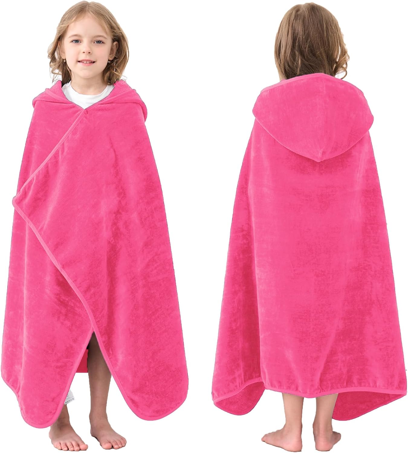 Hiturbo Kids Hooded Bath Towel: 100% Cotton Soft Thick Absorbent Towels Wrap - 50"x30" Shower Beach Pool Wearable Blanket for 3-12 Yrs Boys Girls - Pink