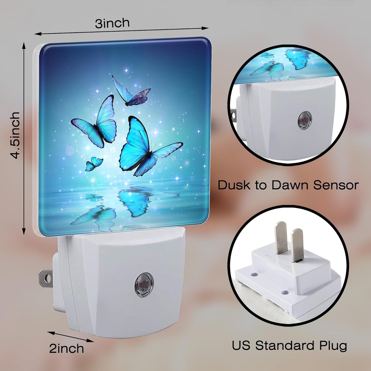 Magic Butterflies on Water Night Light for Kids, Blue Glowing Butterfly Night Light Plug in with Dusk to Dawn Sensor, 0.5w Energy Saving Sleep Friendly Nightlight for Hallway Stairway Kitchen Bedroom