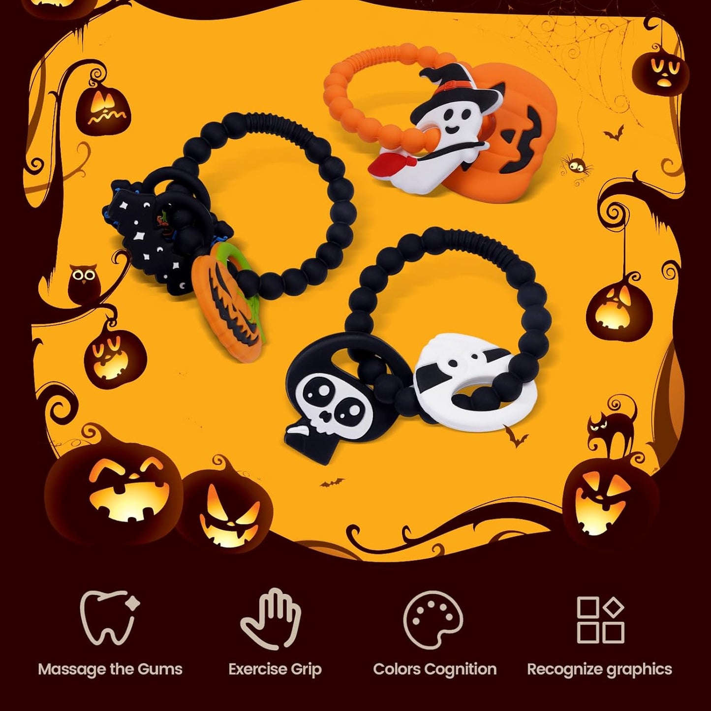 Baby Silicone Teether Ring Toy,Food Grade Silicone Chew Toys for 0-6,6-12,12-18 Months Newborns,Infants,Toddlers Teething Relief,Safe and Soft,BPA Free,Baby Essentials. (Halloween Skull)
