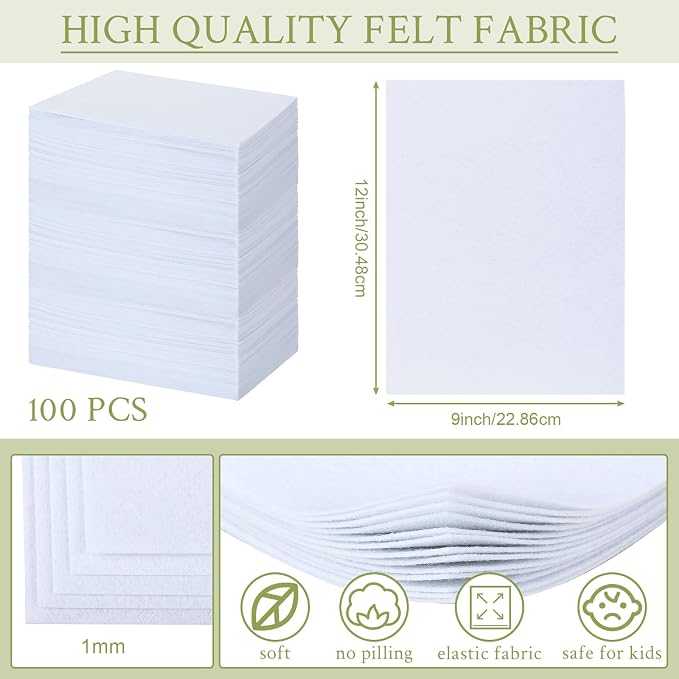 Rtteri White Felt Fabric Sheets 9 x 12 Inch Bulk, Soft Felt Squares 1 mm Thick