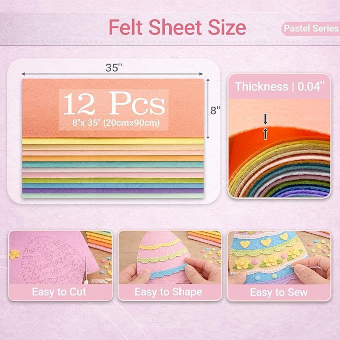 Large Stiff Felt Sheets 8"x35" – 12 Assorted Colors Felt Fabric Bundle Pack