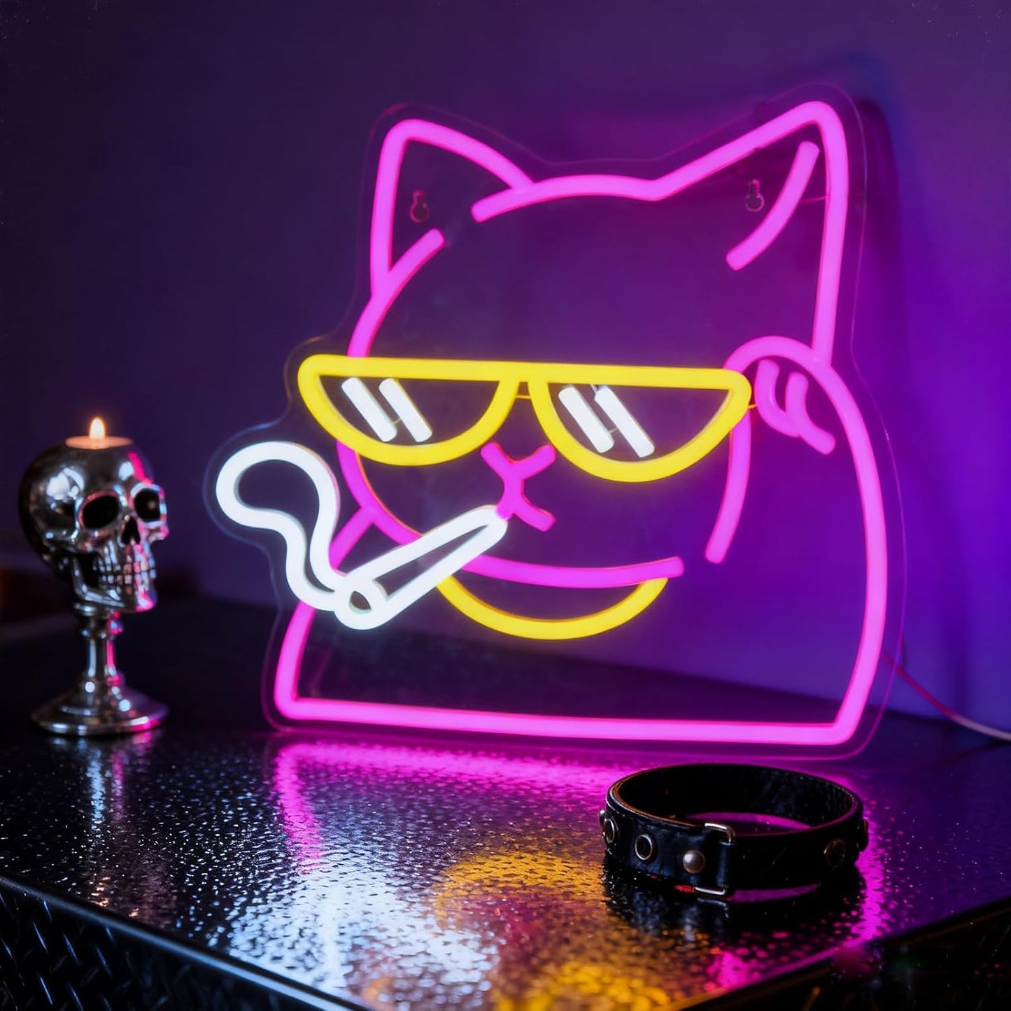 Cat Neon Sign for Wall Decor, Dimmable Smoking Cat Wall Light, Neon Cat Night Light for Man Cave, Bedroom, Gamer Room, Party, Bar Decor, Animal Lover Gifts, USB Powered LED Strip Lights