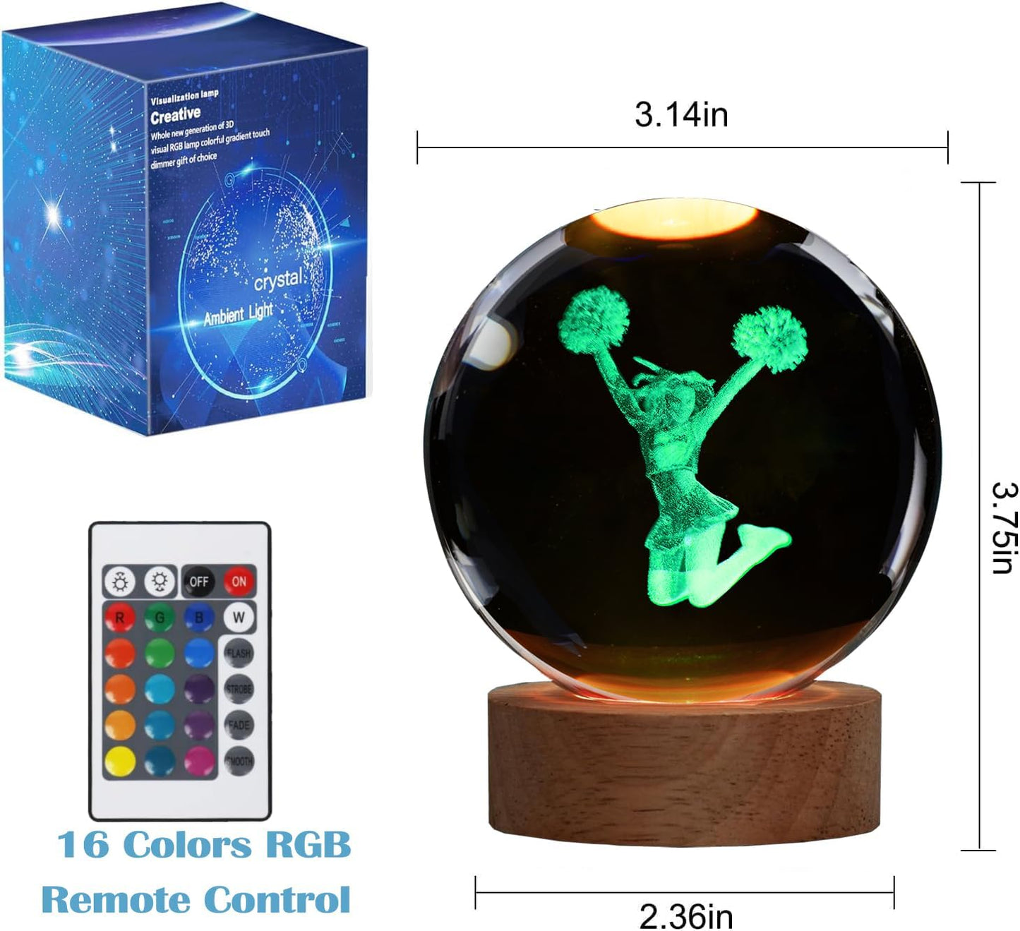 Cheerleader Crystal Night Light, Cheerleader Gifts, K9 3.15 Inch(80mm) Crystal Ball Night Light with 16 Colors Remote Upgraded Lamp for Birthday Xmas Cheering Squad Gifts for Room Decor Girls