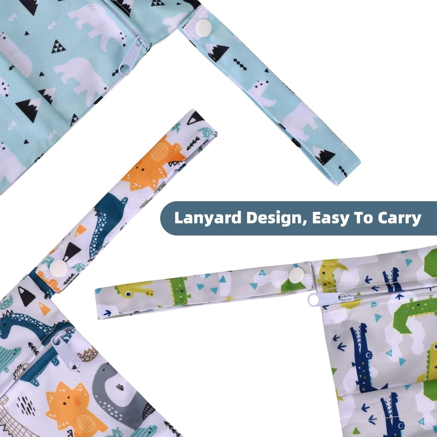 3pcs Cloth Diaper Wet Dry Bags Waterproof Reusable with Two Zippered Pockets Travel Beach Pool Daycare Soiled Baby Items Yoga Gym Bag for Swimsuits or Wet Clothes (Dinosaur,Polar bear)