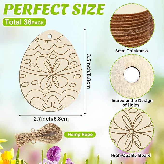 36PCS Wooden Easter Ornaments to Paint, 6 Styles DIY Blank Unfinished Wood Egg