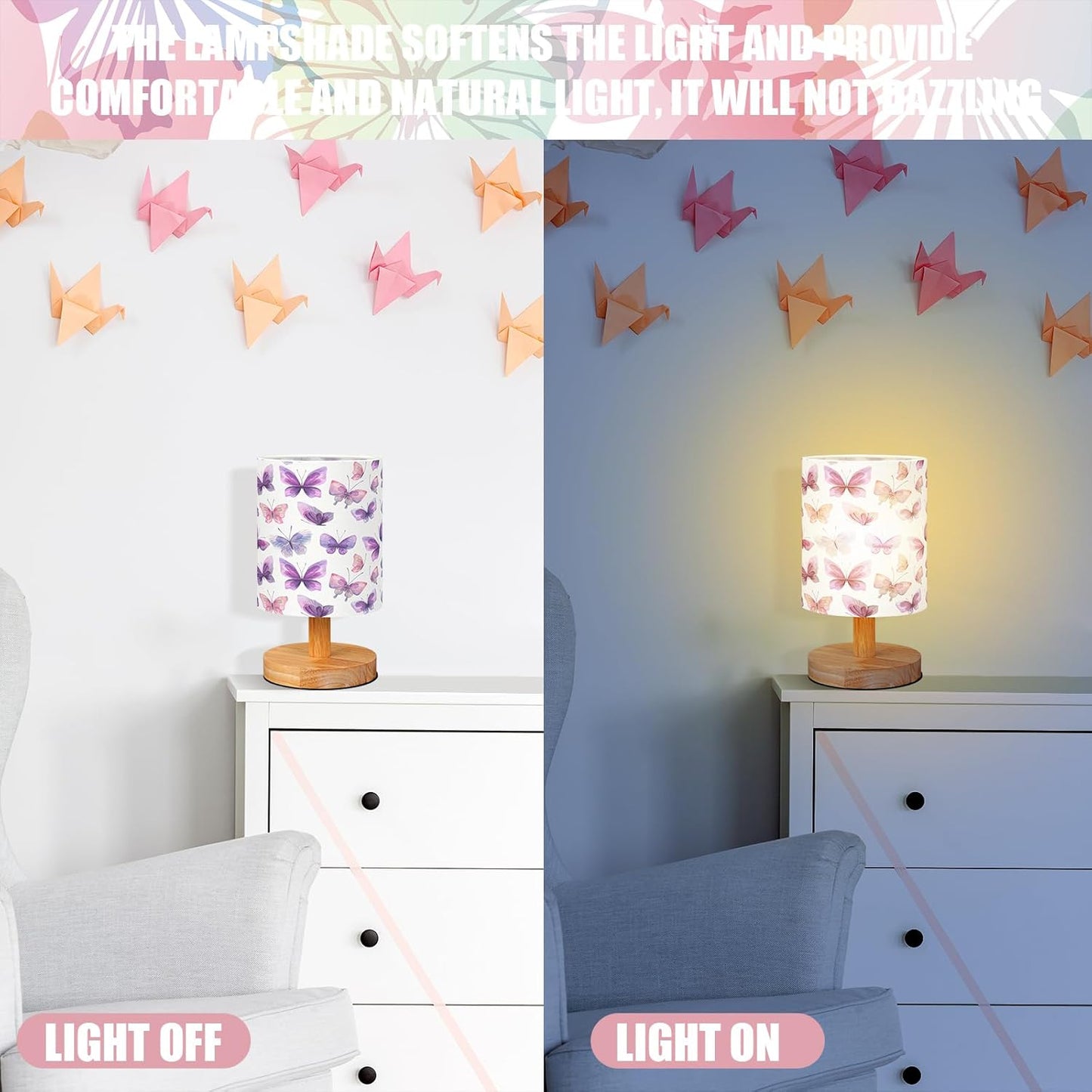 VIHOSE Butterfly Kids Table Lamp for Bedroom Kids Bedside Lamp with Linen Wooden Nightstand Cartoon Nursery Lampshade for Girls Boys Living Room