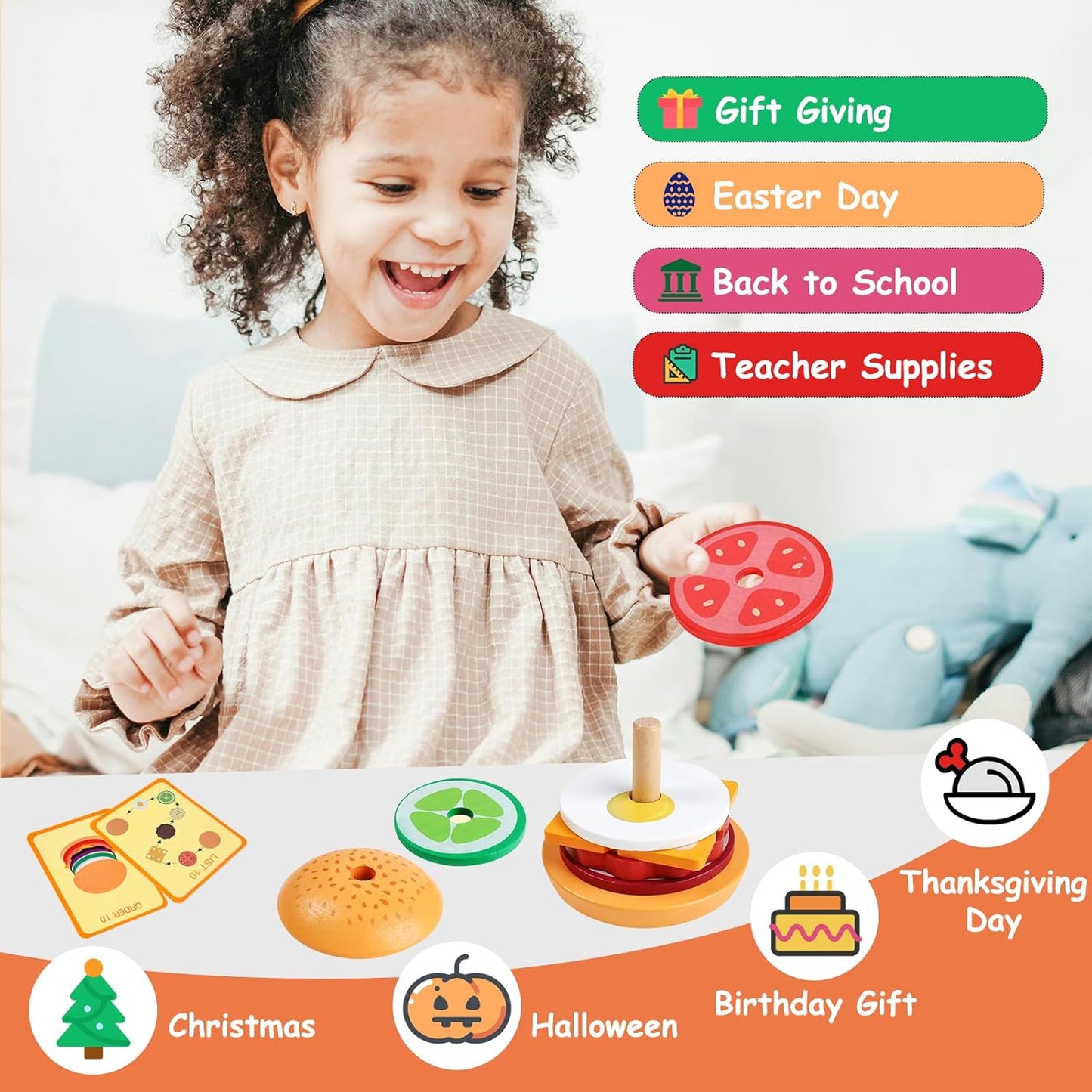 Wooden Burger Stacking Toys Montessori Toys For Toddlers Preschool Education Activity Board Game Early-Education Matching Speed Race Pretend Toy Food Back To School (Burger)