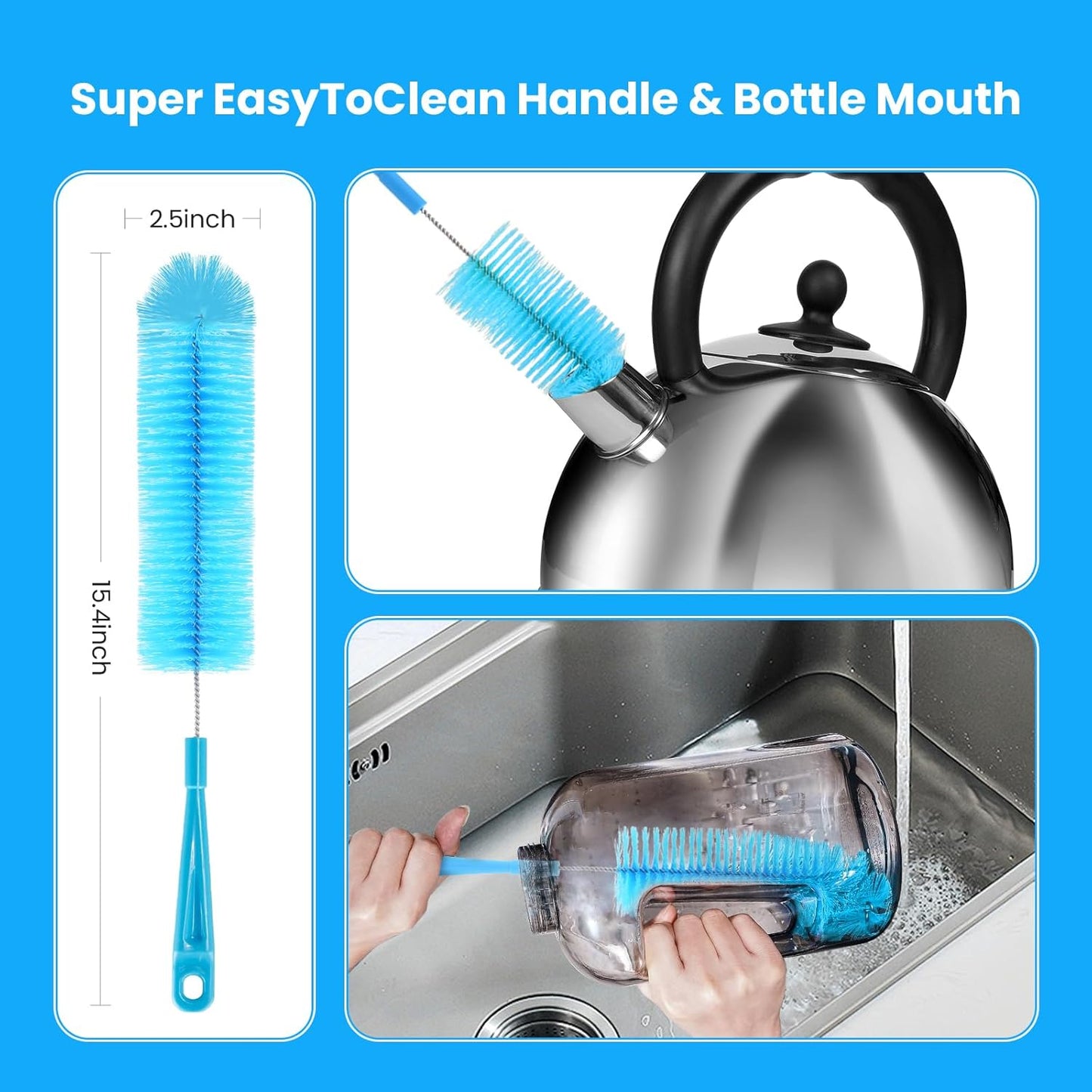 5 Pack Bottle Brush, Straw Cleaner Brush & Water Bottle Brush,15in Stainless Steel Brush, 3 Straw Brushes, 3-in-1 Bottle Cleaning Brush for Water Bottle, Coffee Mugs, Straws-Blue