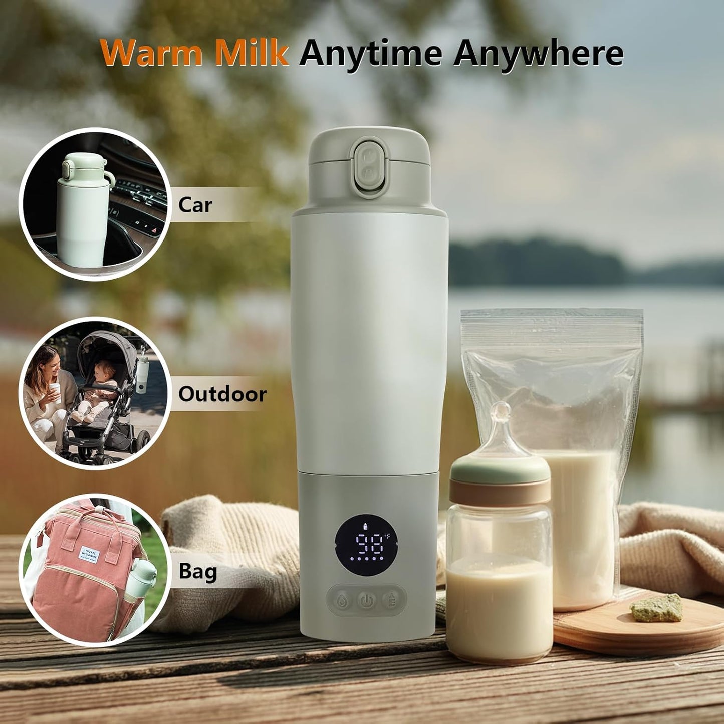 Portable Bottle Warmer for Travel – 15oz 316 Stainless Steel, 16000mAh Battery, Fast Heating & Precise Temp Control, Car Cup Fit, Long Battery Life, Perfect for Outdoor or On-The-Go Moms