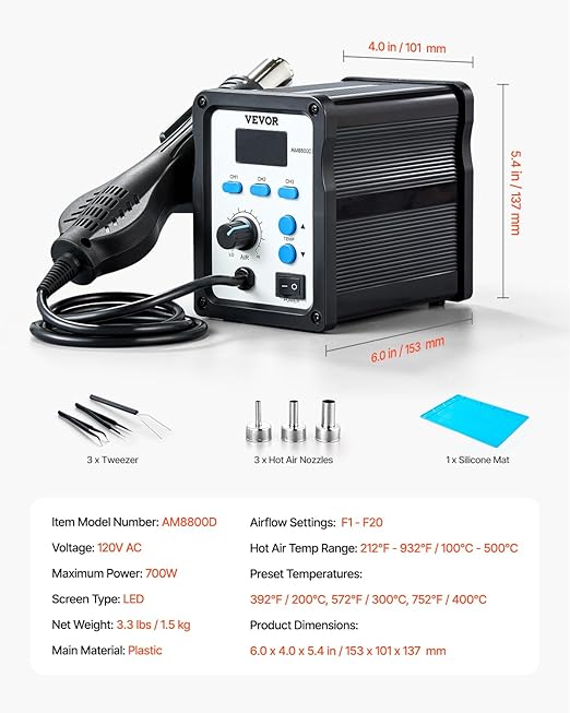 VEVOR Hot Air Rework Station, 700W Digital Display SMD Rework Station, 212℉-932℉ Hot Air Gun with Adjustable Airflow, 3 Pre-Set Channels & ℃/℉ Conversion for Chip Dismantling, Electronics Repair