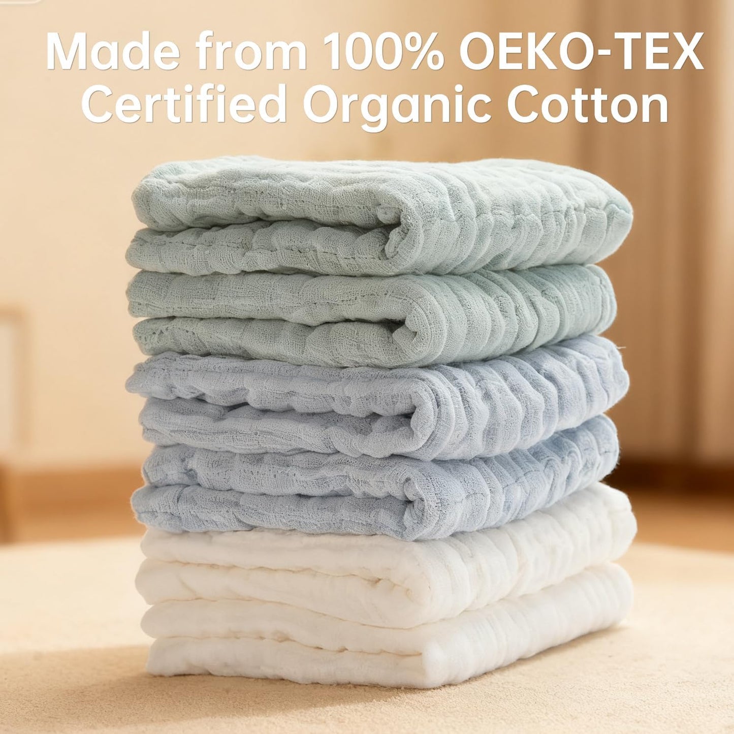 Organic Muslin Baby Washcloths 6 Pack Baby Bath Face Towel 12x12 Inch Extra Absorbent and Soft Burp Cloth and Wash Cloths for Newborn-Infants On Sensitive Skin (White Blue Green)