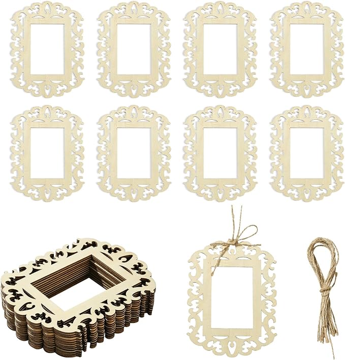 12 pcs Rectangle Theme Unfinished Wooden Photo Frames Floral Laser Cut Wood