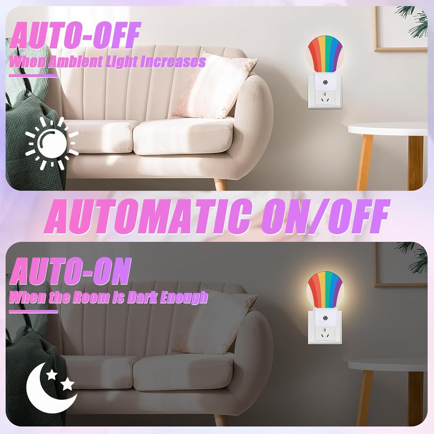 LGBTQ Pride Night Light Colorful Rainbow Night Lights LED Lamp Round Plug into Wall Nightlight with Dusk to Dawn Sensor Home Hallway Stairway Kitchen Decor
