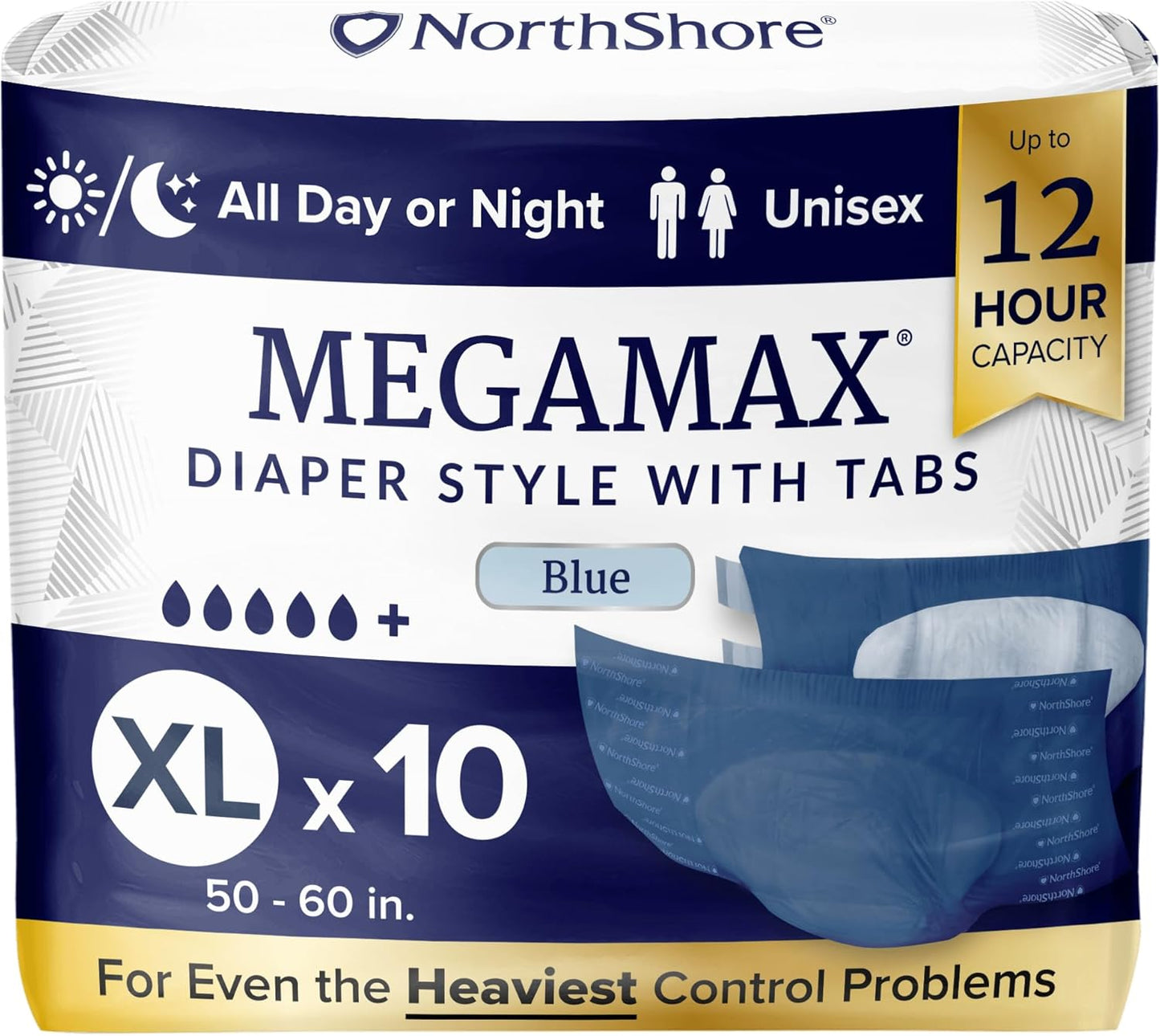 NorthShore MegaMax Adult Overnight Diapers, 12-Hour Tab-Style, X-Large, 10 Count Bag, Blue, 50-60 inches, Unisex Incontinence Underwear