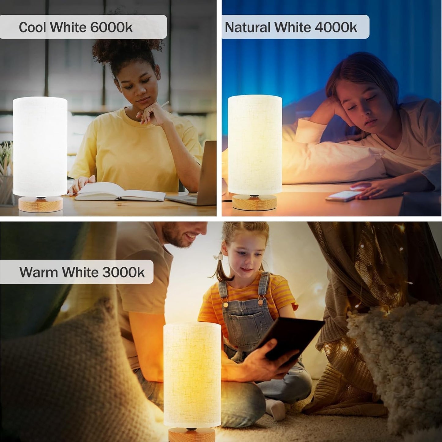 3-Color Adjustable Bedside Table Lamp for Bedroom Set of 2,Minimalist Wood Base&Round Fabric Shade,Cozy Lighting Nightstand Boho Lamp,Reading Desk Night Stand Light for Room,Office,kitchen,Nursery