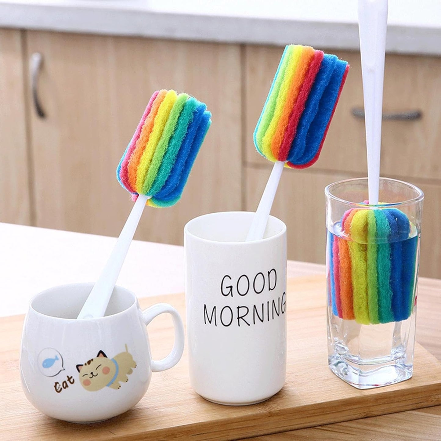3PCS Cleaning Bottle Sponge Brush with Long Handle Scouring Pad Scrub Brushes for Kitchen Clean Glasses Mugs Cups