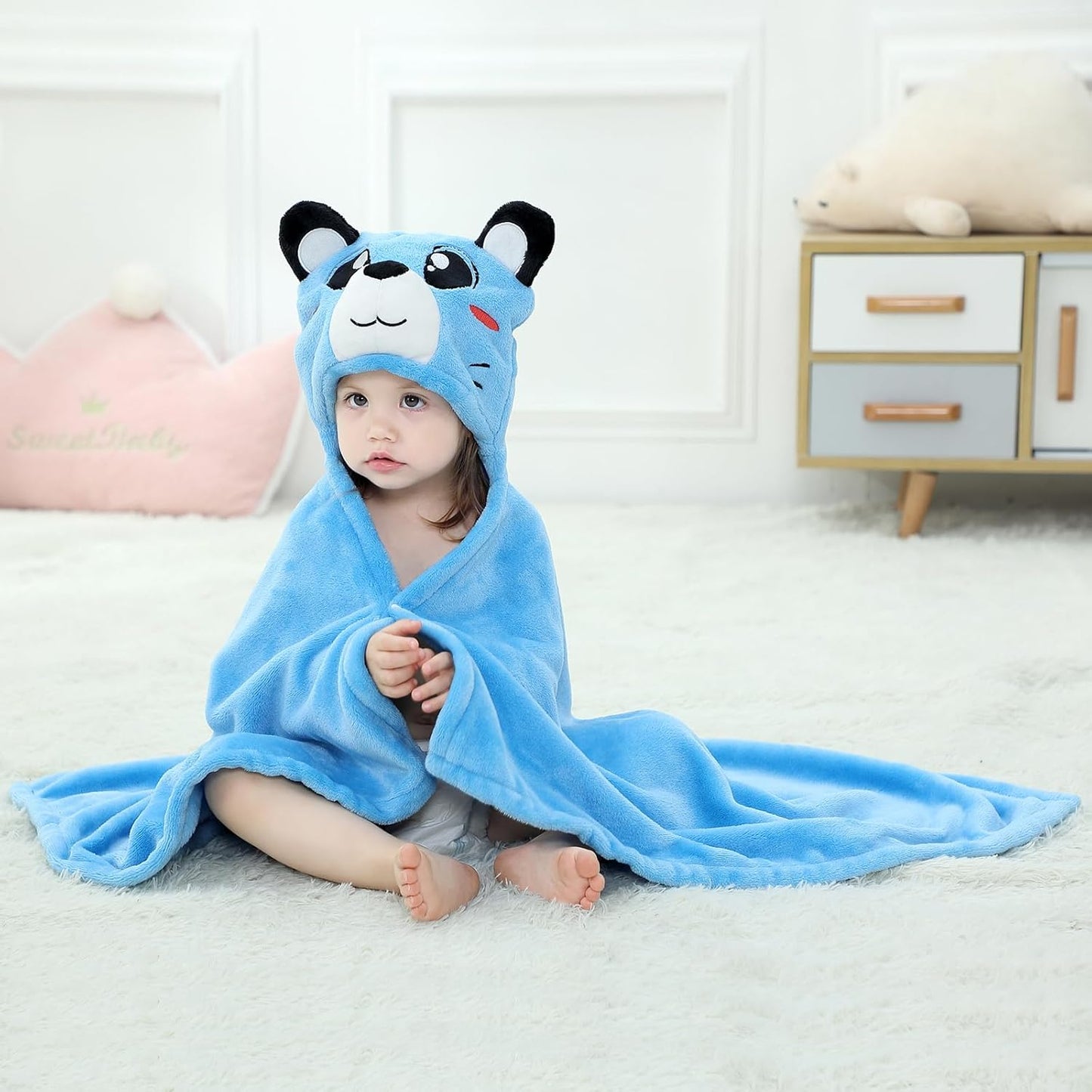Wearable Blanket Hoodie for Kids Toddlers Hooded Towels Soft Cozy Flannel Wearable Throw Blanket Hoodie for Boys Girls Birthday Gifts (Blue Bear 60 * 50)