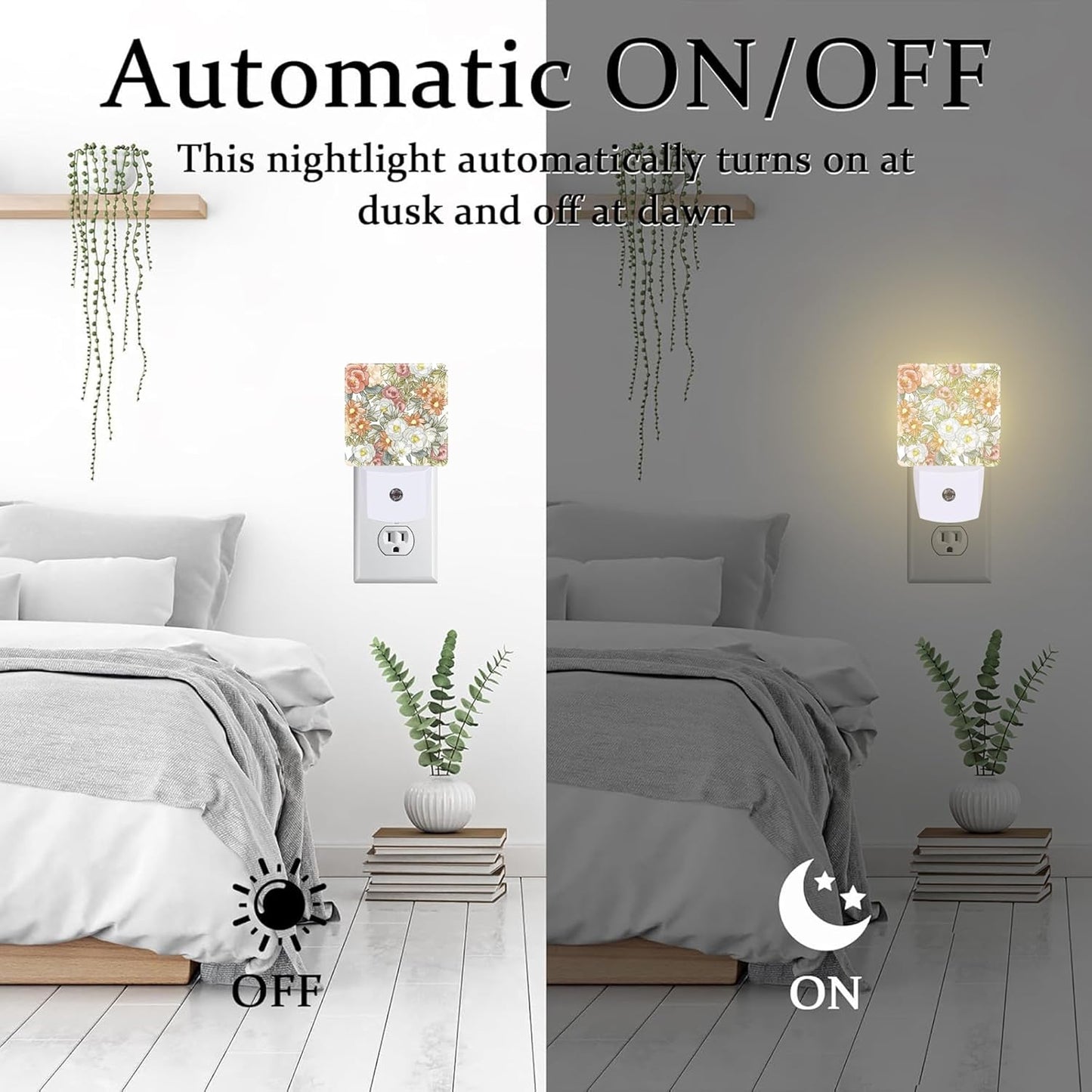 Watercolor Flowers and Herbs Night Light Plug into Wall,Abstract Botanical Plants Leaves Floral Dusk to Dawn Night Light Plug in,0.5w Energy Saving NightLight for Kids Boys Girls Home Decor