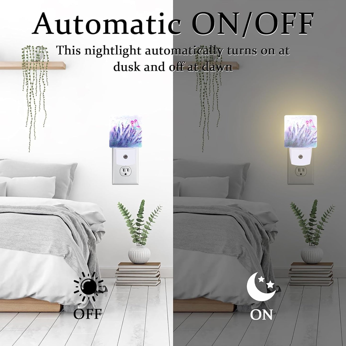 Lavender with Pink Butterfly Night Light for Kids, Watercolor Purple Meadow Floral Night Light Plug in with Dusk to Dawn Sensor, 0.5w Energy Saving Nightlight for Hallway Stairway Kitchen Bedroom