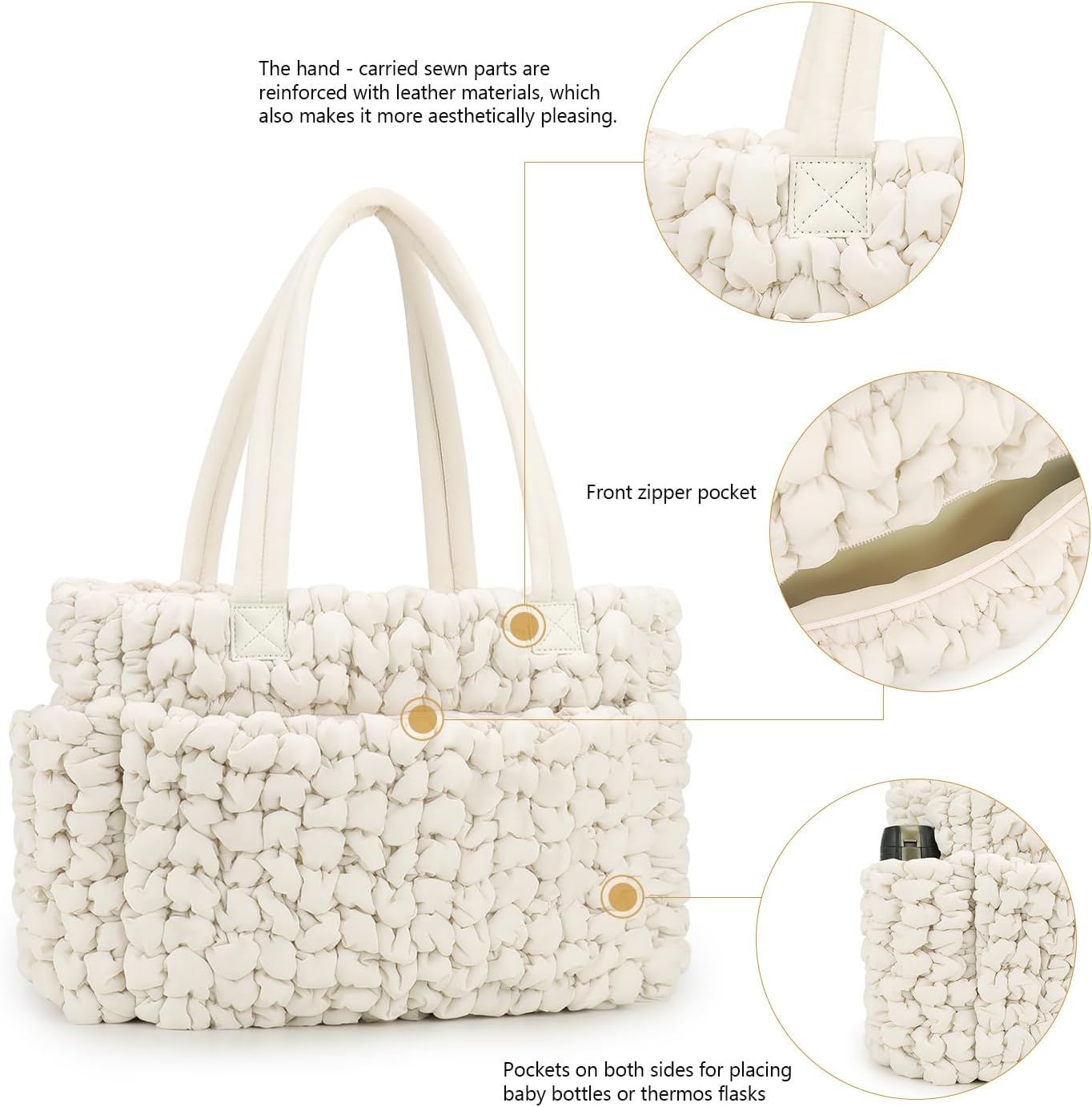 Lmbabter Puffer Quilted Tote Large Diaper Hobo Mommy Bag Hold 16“Laptop Stylish Cloud Handbag Carryall Daypack Travel Work