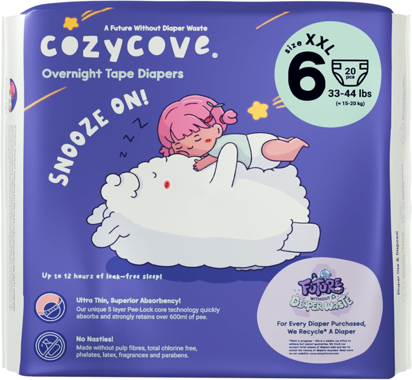 Cozycove Size 6 Diapers, Snooze On Slim Overnight Tape Diapers, Size 6 (33-44 lbs), 1 Pack of 20 Count