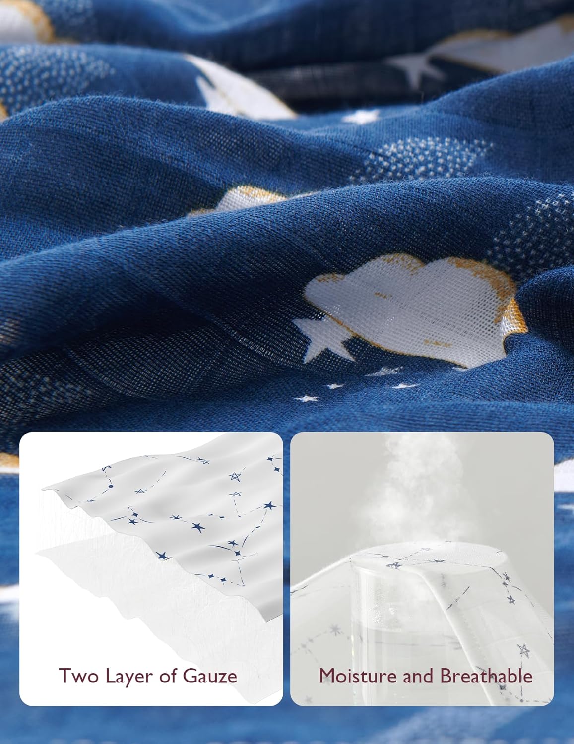 Momcozy Muslin Swaddle Blankets, Ultra Soft Neutral Swaddle Blanket, Breathable Large 47'' x 47'' Baby Infant Newborn Boys Girls Swaddling Receiving Blanket Wraps, Midnight Star Clouds