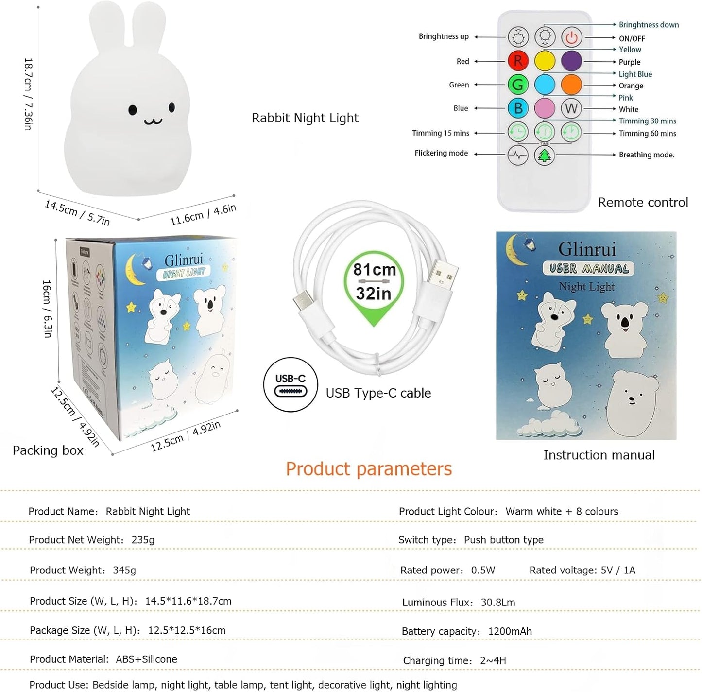 Large Rabbit Night Lights for Kids in Silicone, 9 Colors Baby Bedroom Lighting Children Bedside Table Lamps for Toddlers/Boys/Girls/Adults/Bedroom/Student/Elder/Bathroom/Outdoor - Large
